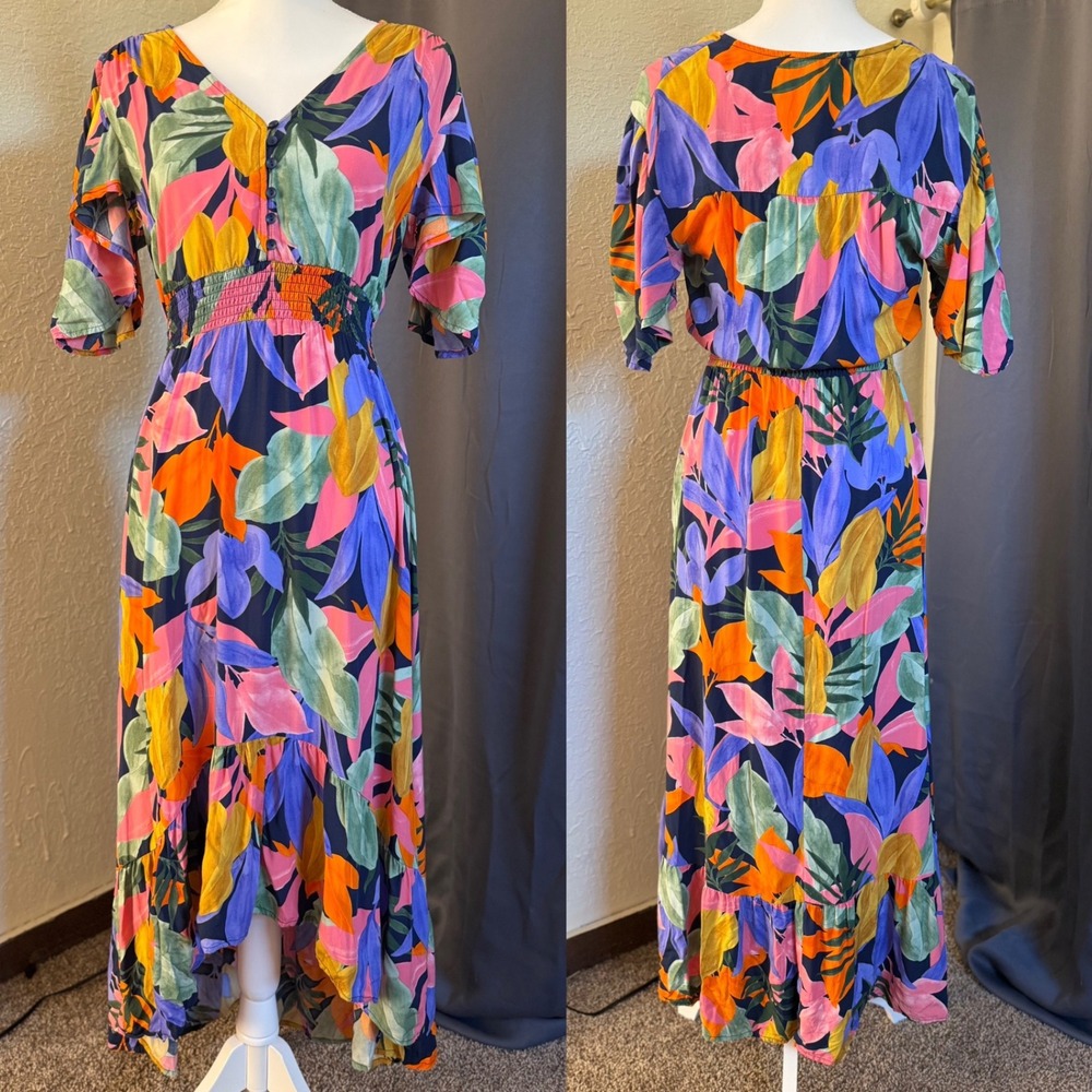 Abel The Label Tropical Floral High Low Maxi Dress Smocked Waist Womens Small